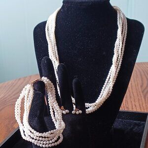 14K Pearl Necklace Bracelet & Earrings Complete Set - Vintage